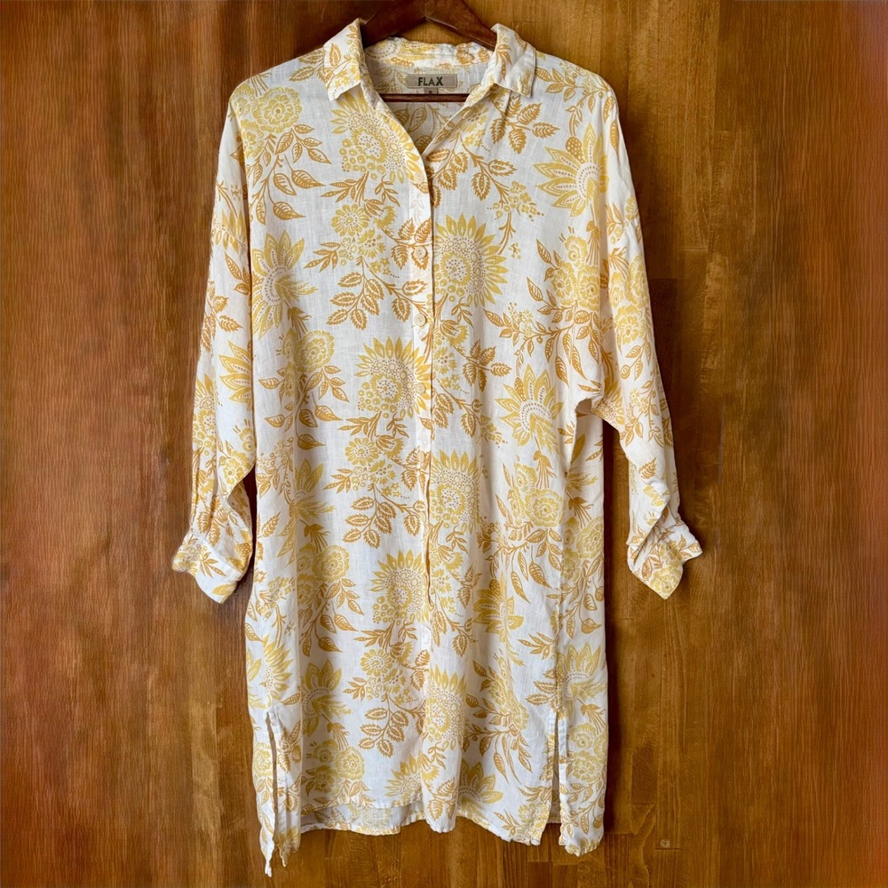 Flax Linen Button Down‎ Tunic Shirt Yellow White Floral Women's Small